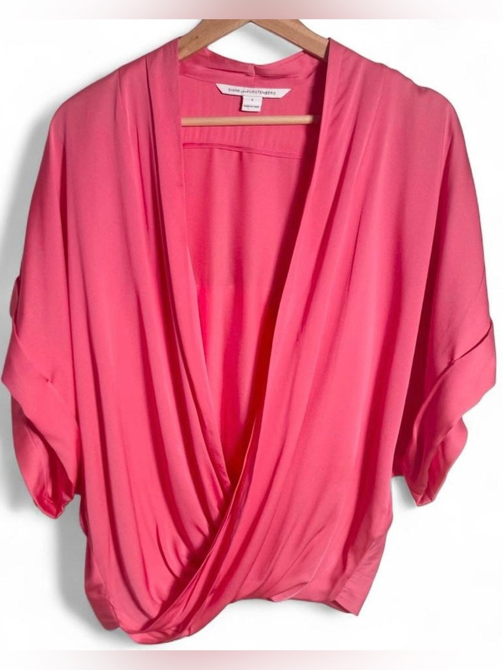 100% Silk Fold Front Crossover Blouse Coral Pink Small